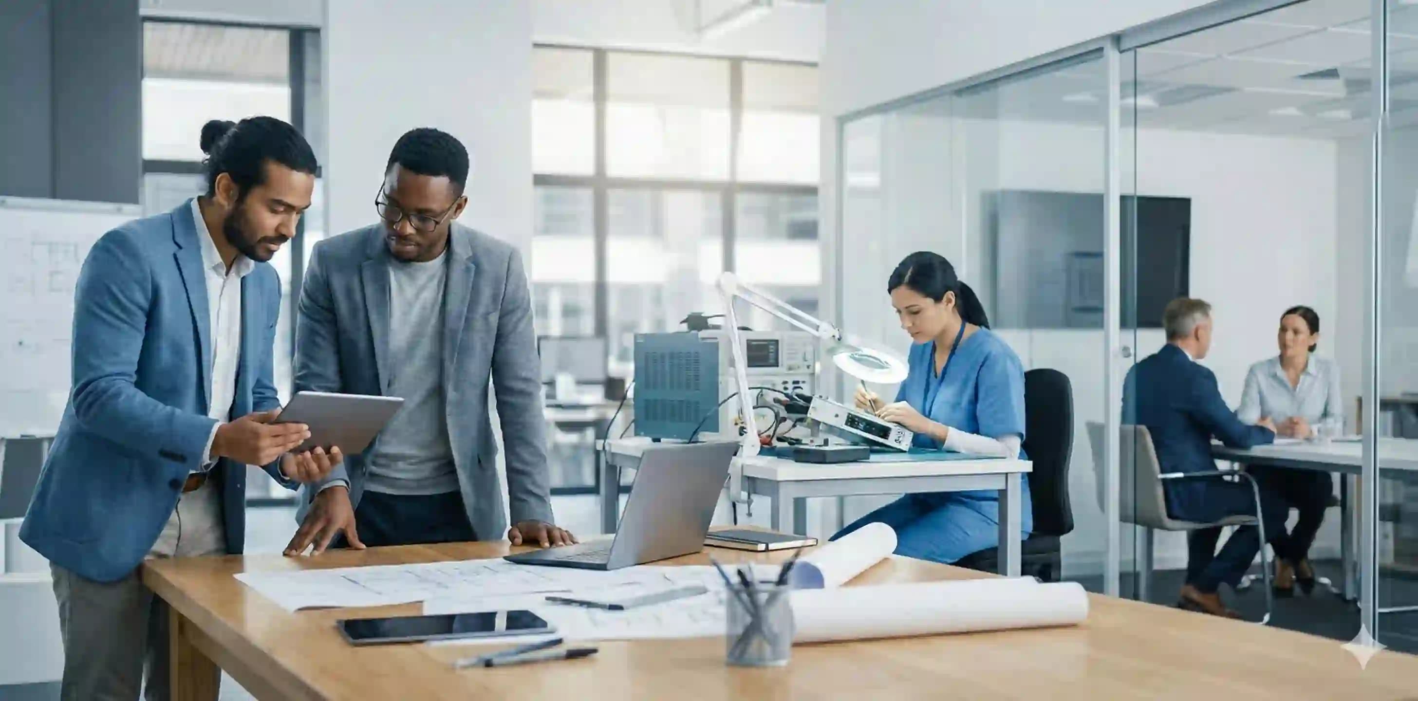 Business professionals reviewing exchange opportunities in an office